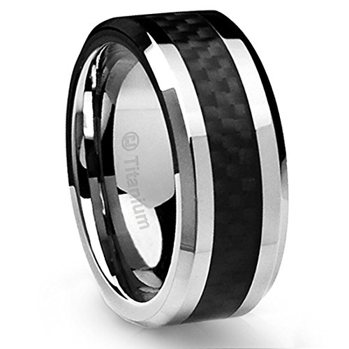 10mm Sleek Titanium Wedding Band by Cavalier Jewelers - Comfort Fit Wedding Ring with Polished Finish - Lightweight Band for Men - Black Carbon Fiber Inlay - Perfect Gift Ring [Size 11]