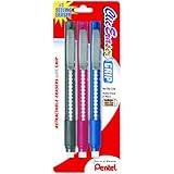 Pentel Clic Retractable Eraser with Grip, Assorted Barrels, 3 Pack (ZE21BP3M)