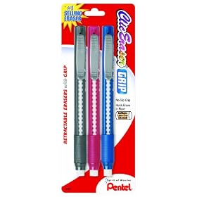 Pentel Clic Eraser Grip Retractable Eraser with Grip, Assorted Barrels, 3 Pack (ZE21BP3M)