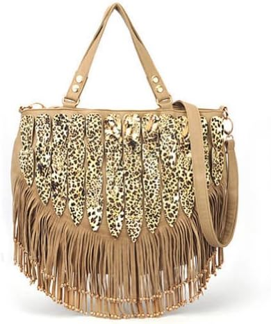 Highwinwin Fashion Fringe Tassels Bag Lady Leopard Shoulder Handbag Tote Bag Purse (Brown)