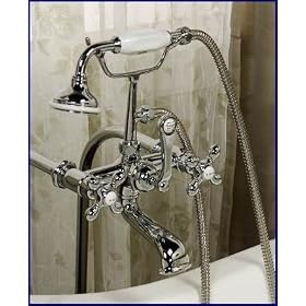 Polished Chrome Tub Wall or Freestanding Mount Clawfoot Tub Diverter Faucet - Handheld Shower