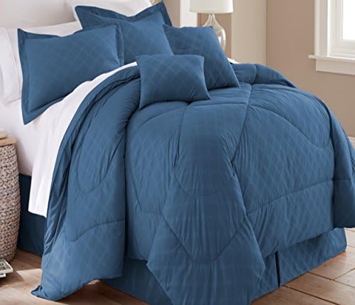 Spirit Linen Hotel 5th Ave 6 Piece Embossed Plaid Comforter Set, Queen, Navy