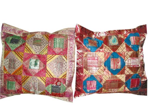 Gift For Christmas-2 Red Green Cream Color Vintage Silk Sari Toss Pillow Cushion Covers For Free Shipping