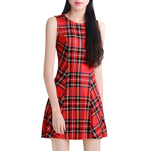 Allegra K Women Round Neck Sleeveless Plaids Mini A Line Dress