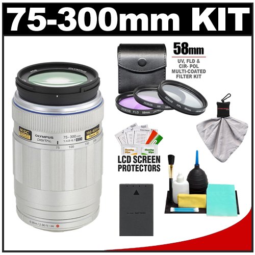Olympus M.Zuiko 75-300mm f/4.8-6.7 ED Digital Zoom Lens (Silver) with 3 UV/PL/FLD Filter Set + BLS-1/BLS-5 Battery + Accessory Kit for PEN Micro 4/3 E-P1, E-P2, E-PL1, E-PL2 Cameras