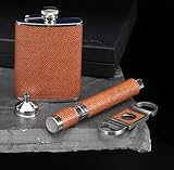 Genuine Leather Stainless Steel Flask, Funnel,Cigar Holder & Cutter