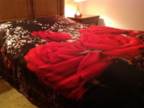 Peneric® Queen's 3d Red Rose Black Prints 4pcs Queen Size 100% Cotton 800 Thread Count Bedding Sets Duvet Cover Set Bed Sets Bed Cover Set Quilt Cover Set Bedclothes Bedspread Bed Sheets Sets Bed Linens Bed in a Bag (Rose)