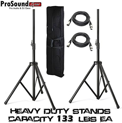 PSG Tech speaker stands with bag Heavy Duty Speaker Stands Metal Joints Capacity 133 LB ea Adjustable Pro PA Speaker/Lighting Stands + Carrying Case + (2) XLR cables 15ft ea.