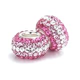 Bella Fascini Pink Raspberry & Clear Stripes, Swarovski Crystal Element Pave Bead, Sterling Silver European Charms, Set of 2