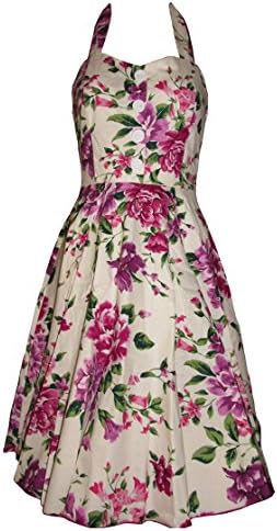 Vintage Style Halter Swing Front Buttons design Floral Dress (Large, Ivory Purple)