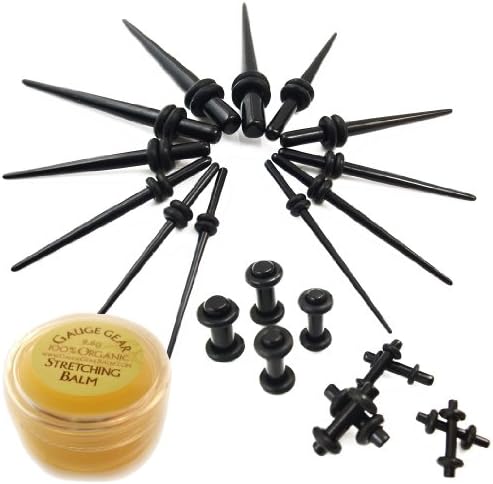 The Defy PLUS Starter Kit Now Featuring Gauge Gear Stretching Balm ~ 22 Total Pieces ~ 12 Pc Black Acrylic Ear Stretching Taper Kit 16g-6g Gauges WITH 10 Pc Black Acrylic Plugs 14g-6g Gauges