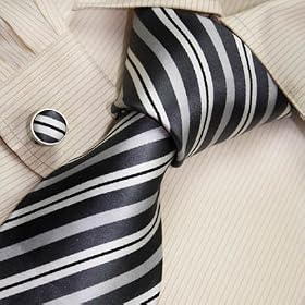 S2060 Designer Hand Made White Necktie Cufflinks Set Green Black Stripes Ties for Men Jacquard Woven Pure Silk Mens Tie and Cuff Links Gift Tie Set