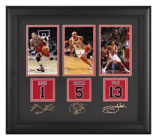 Chicago Bulls Framed Photographs - Derrick Rose, Carlos Boozer, Joakim Noah, 4x6, Facsimile Signatures, Jersey Number Replica Miniatures