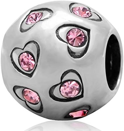 Choruslove Love Heart with Pink Crystal European 925 Sterling Silver Round Bead for Snake Chain Bracelet Jewelry