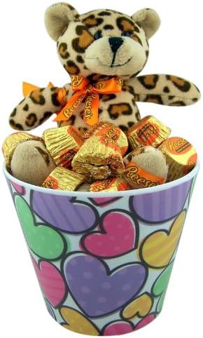 Valentines Day Gift Set Reeses Peanut Butter Cup Tiger Teddy Bear Toy with Candy in Multi Color Heart Bucket