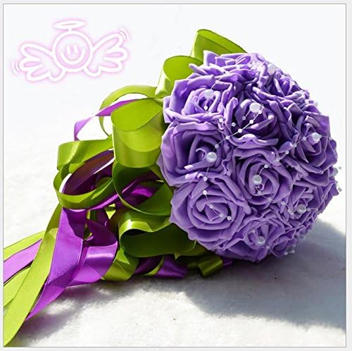18pcs Artificial Roses with Pearls Chains Stain Ribbon Handle Bride Holding Flower Bouquet
