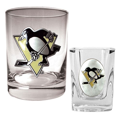Pittsburgh Penguins NHL Rocks Glass & Square Shot Glass Set - Primary Logo