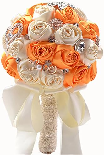 Rinzony Bridal Bouquets Handmade Rhinestones Satin Rose Wedding Flowers (Orange)