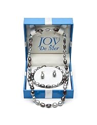 925 Sterling Silver Freshwater Pearl Gray and Stering Silver Beads Necklace, Bracelet and Earrings Set QSET-10354-AM in Gift Box