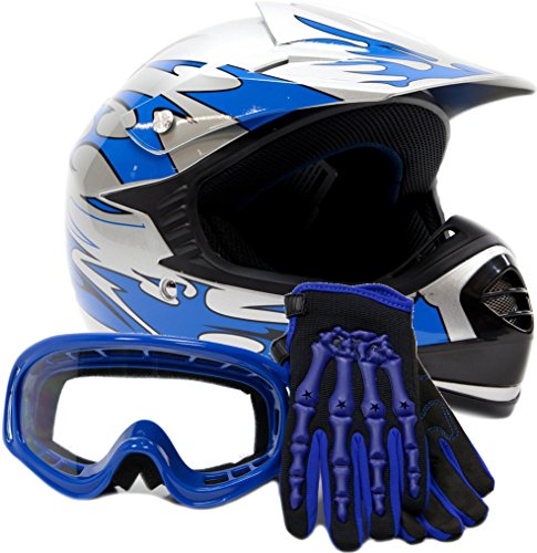 Youth Offroad Gear Combo Helmet Gloves Goggles DOT Motocross ATV Dirt Bike MX Motorcycle Blue - Large