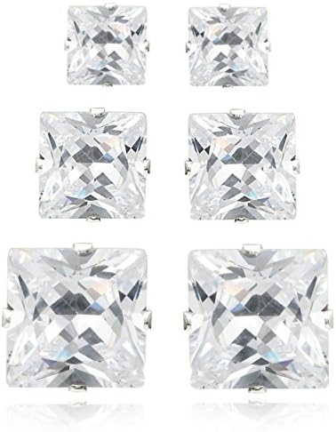 Brinley Co Sterling Silver Cubic Zirconia Princess-Cut Stud Earring Set (3 Pair)