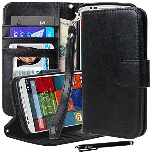 Moto X (2nd Gen) Case, Moto X2 Case, Style4U Premium PU Leather Stand View Wallet Flip Case with ID Credit Card / Cash Slots for All New Motorola Moto X 2nd Gen 2014 Release + 1 Stylus and 1 Screen Protector [Black]