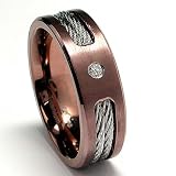 Chocolate Titanium ring Wedding band with Stainless Steel Cables and CZ sizes 7 to 12