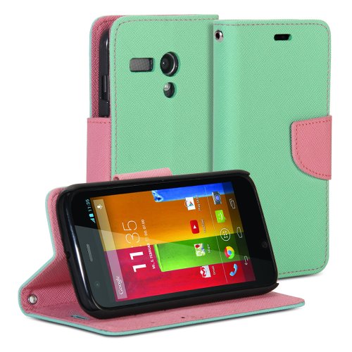 Moto G Case, GMYLE(R) Turquoise &amp; Pink PU Leather Protective Flip Folio Slim Fit Wallet Purse Stand Case Cover for Motorola Moto G X1032 2013 (Not Fit For 2014 Version)