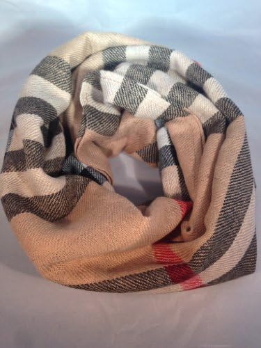 TAN | WHITE | RED | BLACK: GIANT CHECK PLAID INFINITY SCARF: 28"X 34" 100% Acrylic "ADD A POP OF PERSONALITY TO MAKE AN OUTFIT YOUR OWN"