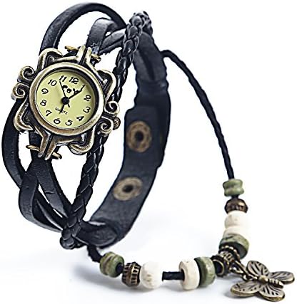 DAYAN Women's Ladies Charm Butterfly Pendants Weave Wrap Around Leather Belt Bracelet Watch Black