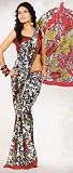 Traditional Off White Faux Georgette Women's Belly Dance Dress Saree Sari with Unstitched Blouse