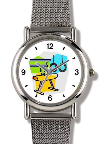 Gymnastic Equipment or Apparatus Montage - Rings, Pommel Horse, Parallel Bars Gymnastics Theme - WATCHBUDDY® ELITE Chrome-Plated Metal Alloy Watch with Metal Mesh Strap-Size-Small ( Standard Women's Size )