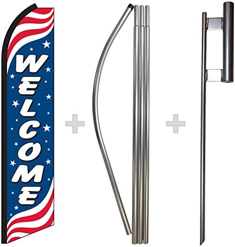 Welcome Patriotic Swooper Feather Flag, Flagpole, &amp; Ground Spike Kit