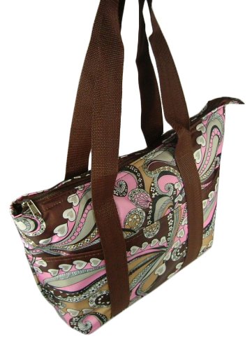 Womens Thermal Insulated Lunch Bag Tote (Brown & Pink Paisley-AKC-104)