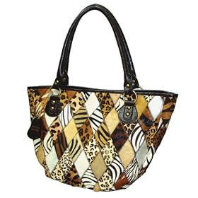 Genuine Long Hair Fur Multi Diamond Patch Top Zip Tote