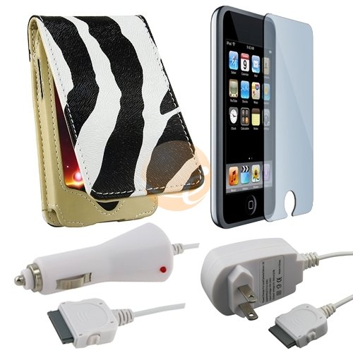 Black White Zebra Leather Case for Apple iPod Touch + White Rapid Car Charger + White Travel Charger + Reusable Screen Protector