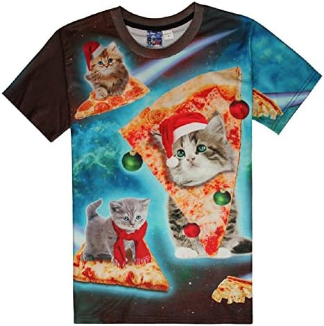 Longyang Men's 3D Kitty Pizza O Neck Short Sleeve T-shirt Black L