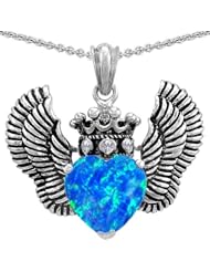 Genuine TRUE LOVE (tm) 925 Silver Created Blue Opal Heart With Crown and Angel Wings Pendant