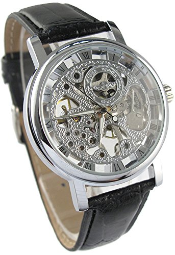Youyoupifa Mens Mechanical Skeleton Watch Hand Wind Up Silver Dial Black Leather Strap Youyoupifa Mens Mechanical Skeleton Watch Hand Wind Up Silver Dial Black Leather Strap