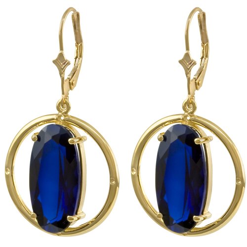 10k Yellow Gold Oval Created Sapphire and Circle Leverback Earrings