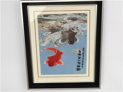 100% Handmade Embroidery Framed Feng Shui four fish jump the carp makes its way up a waterfall endeavour to make a success of oneself Landscape Painting Gift Oriental Asian Wall Art Decor Artwork Hanging Picture Gallery 18*20 inch