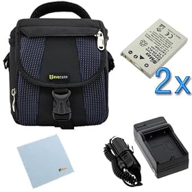 EveCase Black / Blue Pouch Nylon Case+ 2 x EN-EL5 Battery + Travel Charger with Car Adapter + Microfiber Cleaning Cloth for Nikon COOLPIX P510 P500 P100 P90 P80 Digital Cameras