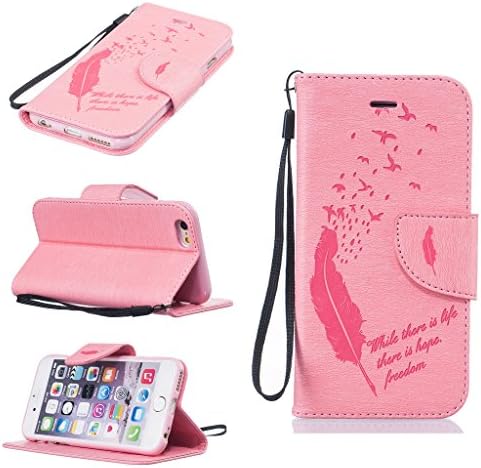 iPhone 6 6S Wallet Case,Embossing Feather Bird Wallet Leather Flip Folio With [Card Slot] and [Wrist Strap] Case Cover For Apple iPhone 6 6S-Pink