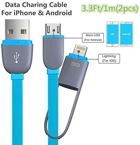 2 In 1 USB Charging Cable for Iphone 6 6 Plus 5 5s 5c, Ipad Air, Sumsung, HTC, Motorola, Nokia and Other Android Phones Tablet Blue 2 Pack