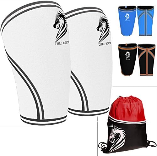 CHLC HOUSE Knee Sleeves (1 Pair) Free Gym Bag - Squat Knee Support &amp; Compression for Powerlifting, Olympic Weightlifting, Crossfit, Bodybuilding - 7mm Neoprene - For Men &amp; Women- M White