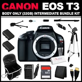 Canon EOS Rebel T3 12.2 MP CMOS Digital SLR Camera and DIGIC 4 Imaging (Body Only) (32GB Intermediate Bundle Kit) includes Charger, x2 Batteries, 32GB SD Card, USB Card Reader, HDMI Cable, Carrying Case, Mini Tripod, 67 Monopod, 57 Tripod and Cleaning Kit