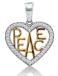 10K White and Yellow Two Tone Gold Peace Heart Channel Set Round Diamond Pendant - (.15 cttw)