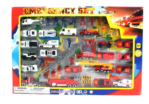 Metro Police Force & Fire Rescue Emergency Crew 44 Piece Mini Toy Diecast Vehicle Play Set, Comes with Street Play Mat, Variety of Vehicles and Figures