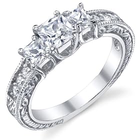 0.50 Carat Princess Cut CZ " Past, Present, Future Milligrain Sterling Silver Wedding Engagement Ring Size 6: Jewelry