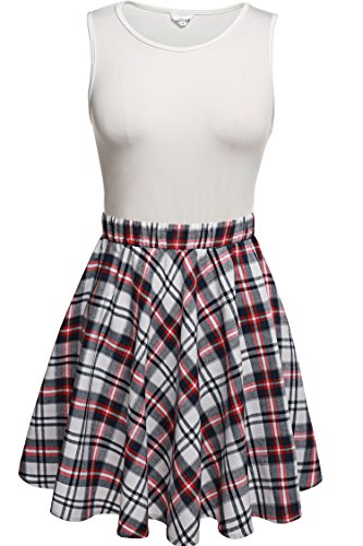 Meaneor Women's Sleeveless Vintage Plaid Patchwork Fit and Flare A-line Dress